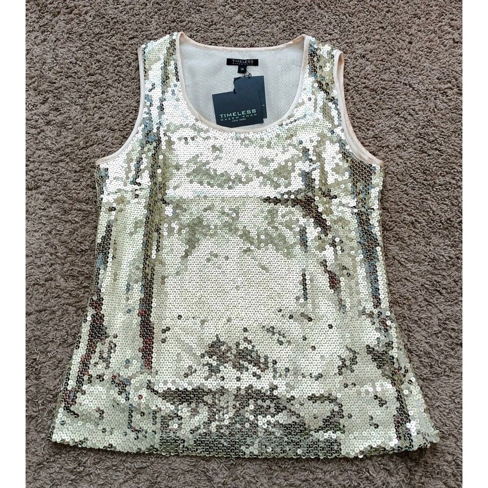 Naeem Khan Timeless Sleeveless Tank Top Gold Sequin Lined Women's Size 14 New